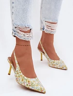 Zdobené dámské sandály na podpatku s květinovým vzorem Žluté Olivelle