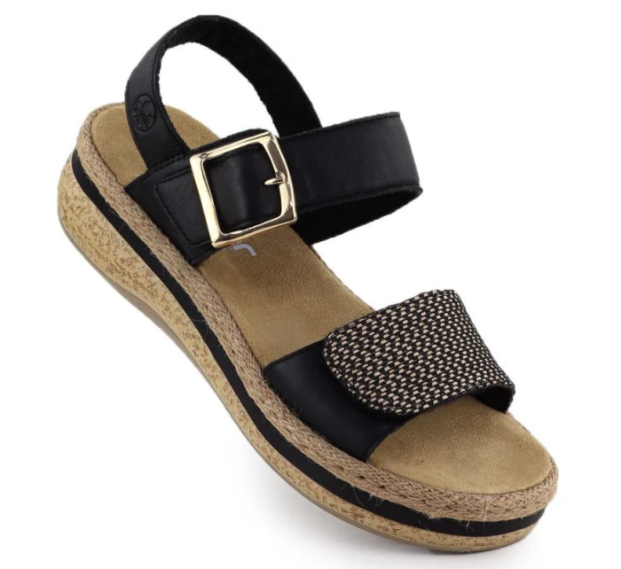 Dámské kožené sandály na podpatku se suchým zipem černé model 21904999 - Rieker