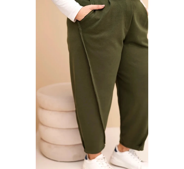 Dámské bavlněné kalhoty Plus Size volného střihu s vysokým pasem khaki