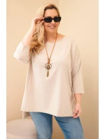 Dámská bavlněná blůza Plus Size asymetrická s náhrdelníkem béžová Dámská bavlněná blůza Plus Size asymetrická s náhrdelníkem béžová