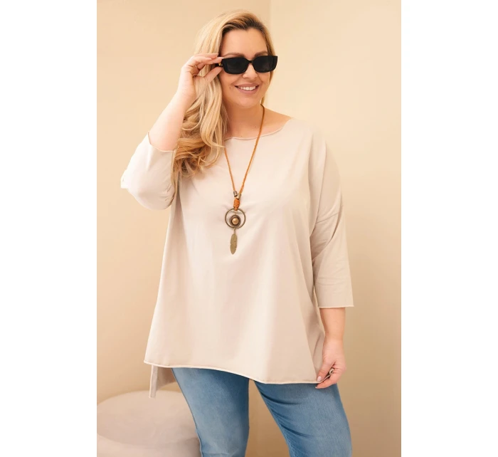 Dámská bavlněná blůza Plus Size asymetrická s náhrdelníkem béžová Dámská bavlněná blůza Plus Size asymetrická s náhrdelníkem béžová