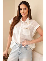 Dámská košile z model 22048743 s ozdobným límečkem a kapsami světle béžová - K-Fashion