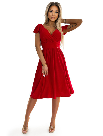 Šaty s výstřihem a krátkými rukávy Numoco MATILDE - červené se třpytkami