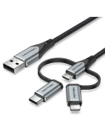 Vention USB-A 3v1 Micro-B USB-C Lightning kabel 1m šedý