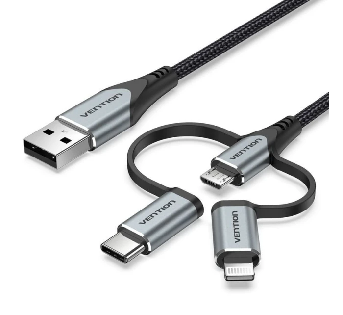 Vention USB-A 3v1 Micro-B USB-C Lightning kabel 1m šedý