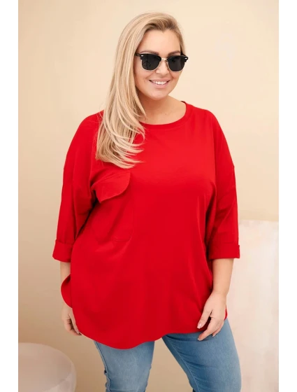 Dámská blůza Plus Size s bavlnou, kapsou a ohrnutým rukávem červená