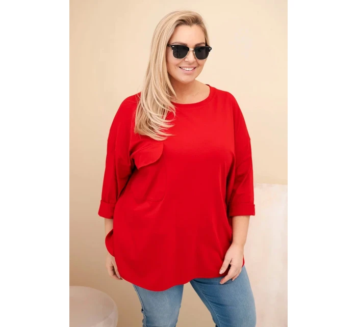 Dámská blůza Plus Size s bavlnou, kapsou a ohrnutým rukávem červená