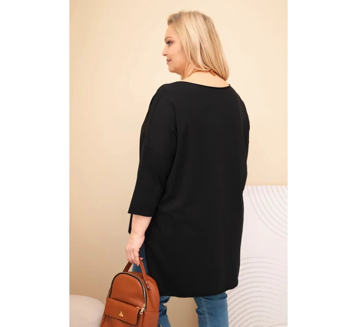Dámská bavlněná blůza Plus Size asymetrická s náhrdelníkem černá