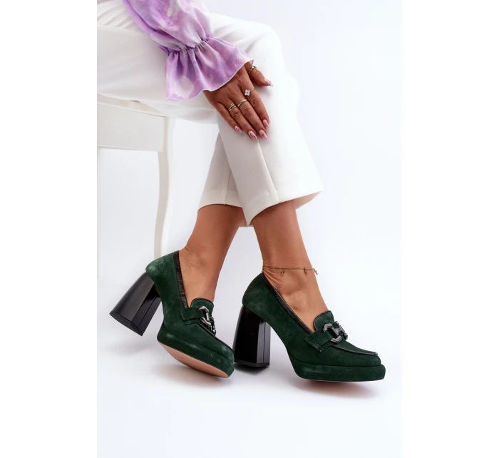 Kožené lodičky na masivním sloupku model 21657286 tmavě zelené - Laura Messi