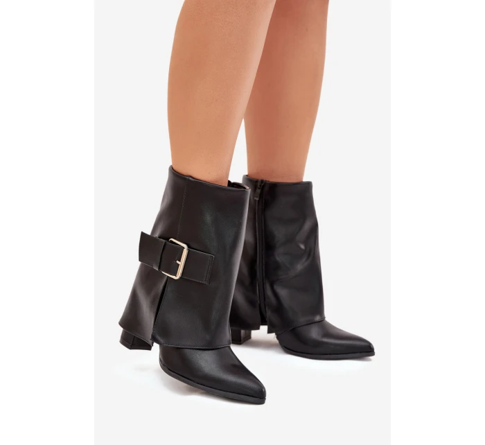 Zateplené boty na podpatku s ohrnutým svrškem a zlatou sponou černé model 21706572 - Boto Zateplené boty na podpatku s ohrnutým svrškem a zlatou sponou černé model 21706572 - Boto