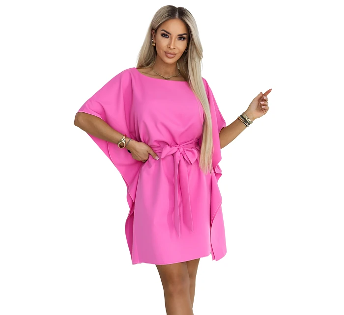 287-42 SOFIA Růžové motýlí šaty se zavazováním v pase - světle fuchsiová barva