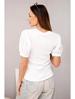 Dámská bavlněná žebrovaná halenka s model 22045169 rukávem a knoflíky bílá - K-Fashion