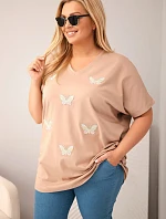 Dámská bavlněná halenka Plus Size s motýlky camelová