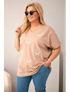 Dámská bavlněná halenka Plus Size s motýlky camelová