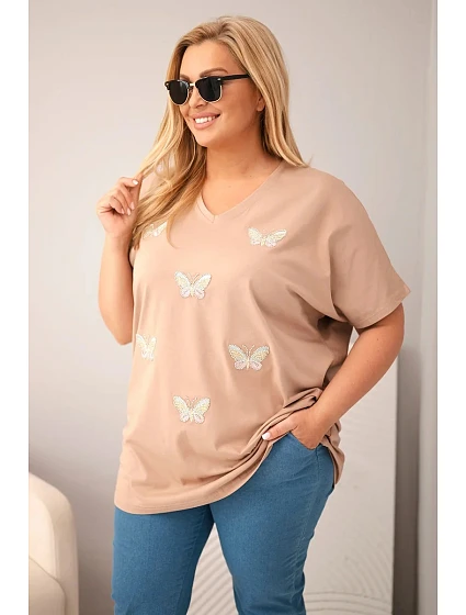 Dámská bavlněná halenka Plus Size s motýlky camelová Dámská bavlněná halenka Plus Size s motýlky camelová
