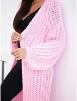 Dlouhý dámský krajkový cardigan bez zapínání se širokým rukávem růžový světlý Dlouhý dámský krajkový cardigan bez zapínání se širokým rukávem růžový světlý