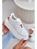 Kožené Dámské Tenisky Na Platformě S Broží A Ozdobným Květinou Bílé Kožené Dámské Tenisky Na Platformě S Broží A Ozdobným Květinou Bílé
