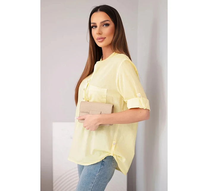 Dámská bavlněná košilová halenka s krátkým rukávem a kapsou žlutá Dámská bavlněná košilová halenka s krátkým rukávem a kapsou žlutá