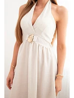 Dámské maxi šaty z viskózy vázané u krku s ozdobnou sponou béžová