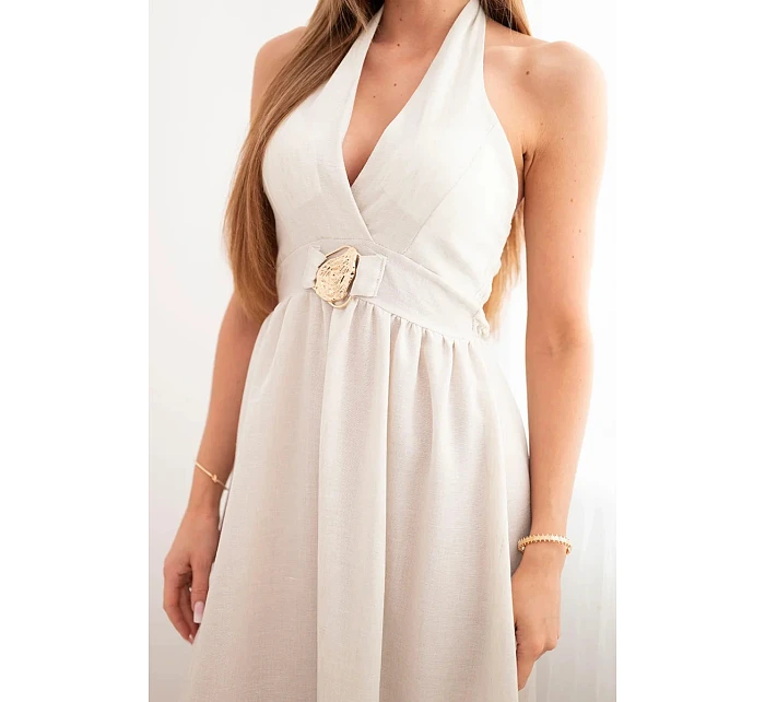 Dámské maxi šaty z viskózy vázané u krku s ozdobnou sponou béžová