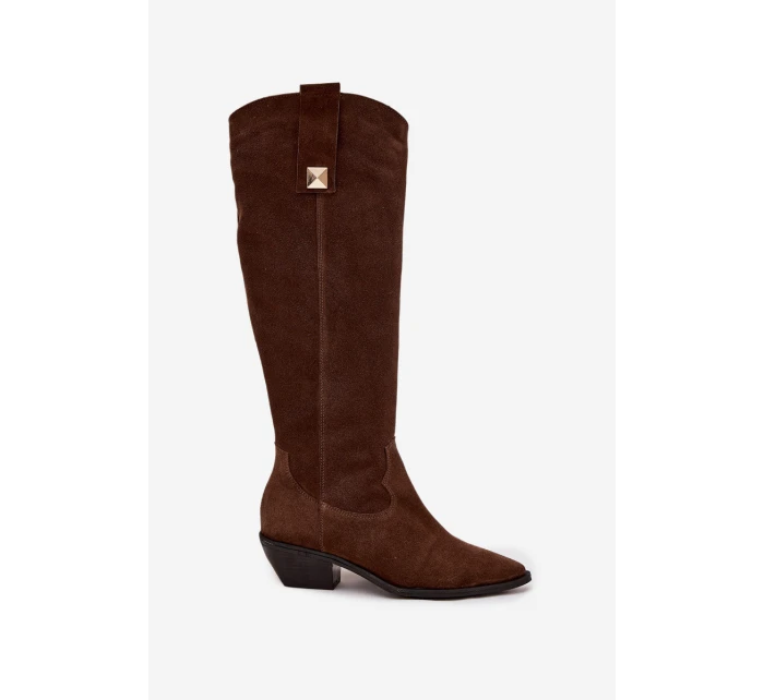 Kožené semišové kozačky zateplené  čokoládové model 21718495 - Zazoo