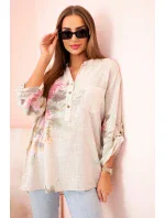 Dámská blůza z bavlny s květinovým vzorem a knoflíky béžový