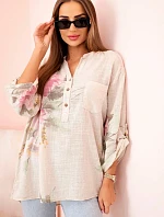 Dámská blůza z bavlny s květinovým vzorem a knoflíky béžový