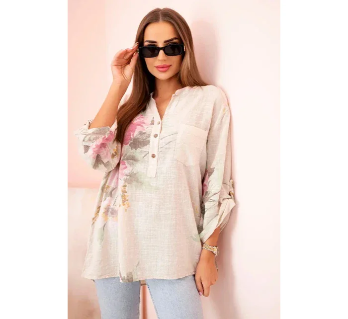 Dámská blůza z bavlny s květinovým vzorem a knoflíky béžový