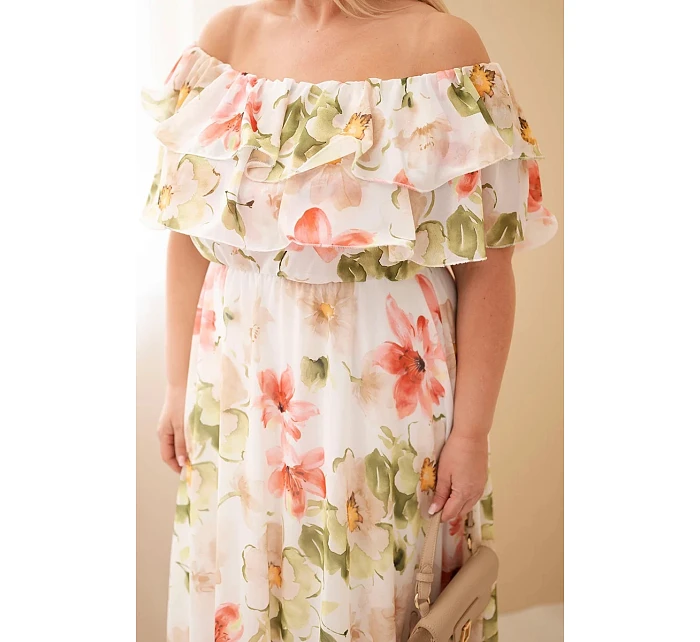 Dámské šaty Plus Size s volánem hiszpanka a elastickým pasem maxi olivová