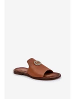 Elegantní Dámské Kožené Pantofle S Dekorací Zazoo 3008 Camel