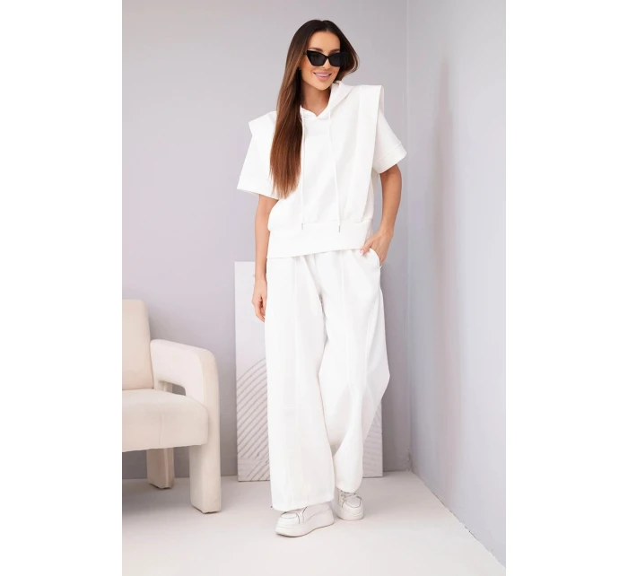 Dámský komplet mikina s kapucí a volné kalhoty se šňůrkou máslový ecru