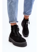 Zamszové Trapery Botky Dámské Na Tlusté Podešví Se Suwákem Černé Edivame