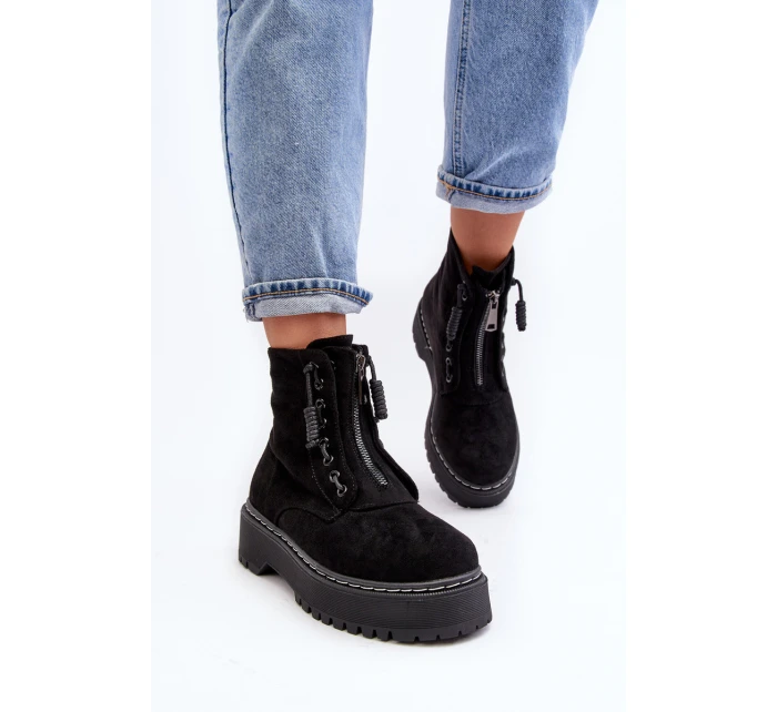 Zamszové Trapery Botky Dámské Na Tlusté Podešví Se Suwákem Černé Edivame