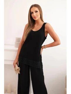 Dámská souprava z viskózy, top na širokých ramínkách a kalhoty s širokým střihem černý