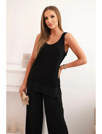 Dámská souprava z viskózy, top na širokých ramínkách a kalhoty s širokým střihem černý