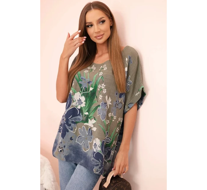 Dámská bavlněná blůza s květinovým potiskem a krátkým rukávem khaki