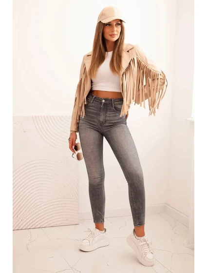 Dámská bunda z eko kůže s třásněmi v boho stylu světlá camelová