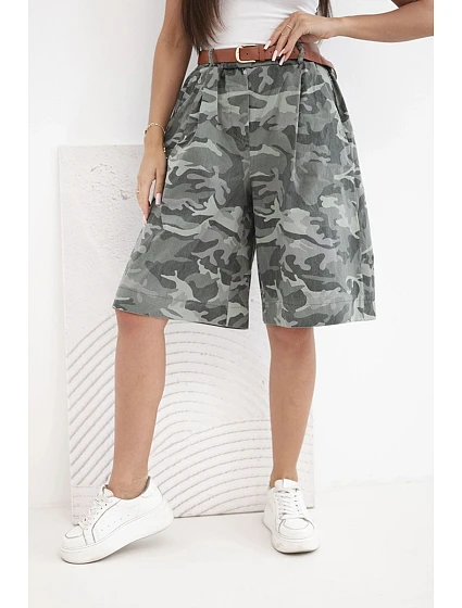 Dámské letní kraťasy s páskem a model 22205839 vzorem khaki - K-Fashion Dámské letní kraťasy s páskem a model 22205839 vzorem khaki - K-Fashion