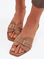 Dámské sandály na podpatku s páskem a zlatým sponou tmavě béžové Jelira