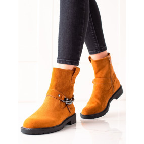 Praktické oranžové dámské  kotníčkové boty na plochém podpatku