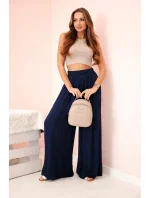 Široké dámské viskózové kalhoty s elastickým pasem tmavě modré Široké dámské viskózové kalhoty s elastickým pasem tmavě modré