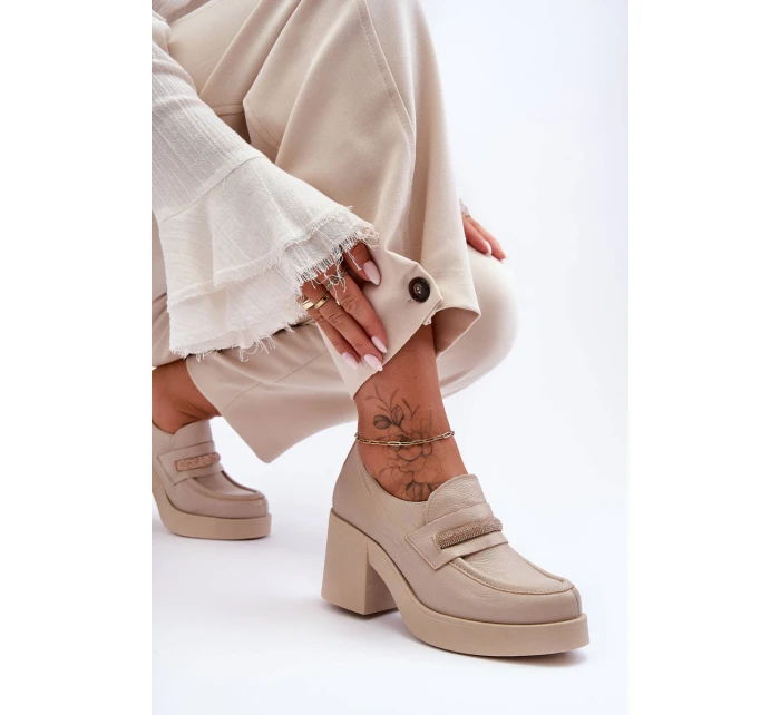 Kožené Půlboty Na Sloupku S Ozdobou Bežové Gelanor Kožené Půlboty Na Sloupku S Ozdobou Bežové Gelanor