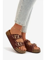 Dámské pantofle s zlatými sponami a knoflíky hnědé Tervina