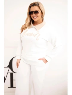 Dámský komplet model 21924578 Plus Size se širokými nohavicemi a límečkem bílý - K-Fashion