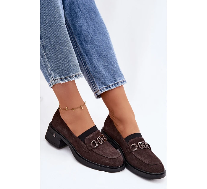 Dámské mokasiny z přírodního semiše na nízkém podpatku model 22100103 Čokoládové - VINCEZA