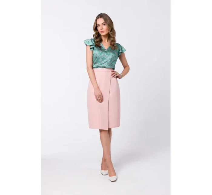 model 18360352 Sukně áčkového střihu se zavinovacími detaily pudrová - STYLOVE model 18360352 Sukně áčkového střihu se zavinovacími detaily pudrová - STYLOVE