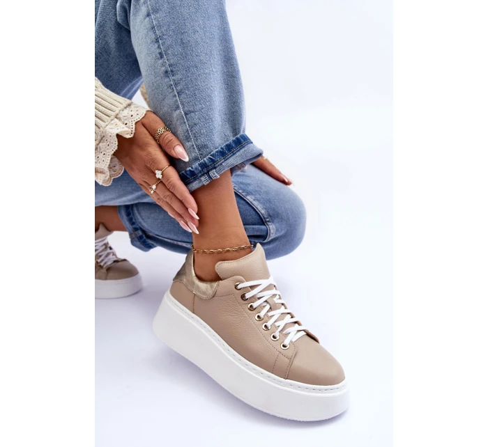 Dámské kožené sportovní boty na platformě Bežové Lemar model 21633508 - Boto Dámské kožené sportovní boty na platformě Bežové Lemar model 21633508 - Boto