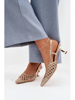 Pletené dámské sandály na podpatku zlaté model 22027857 - Boto
