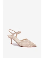 Světle béžové sandály s na podpatku pletené model 22092176 - Boto