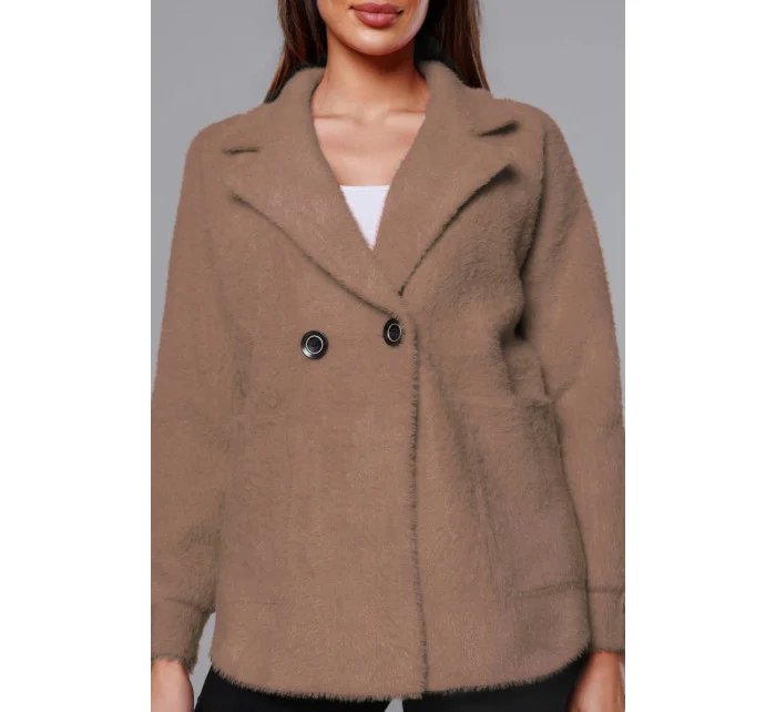 Tmavě béžový krátký přehoz přes oblečení typu alpaka model 18059137 - MADE IN ITALY Tmavě béžový krátký přehoz přes oblečení typu alpaka model 18059137 - MADE IN ITALY